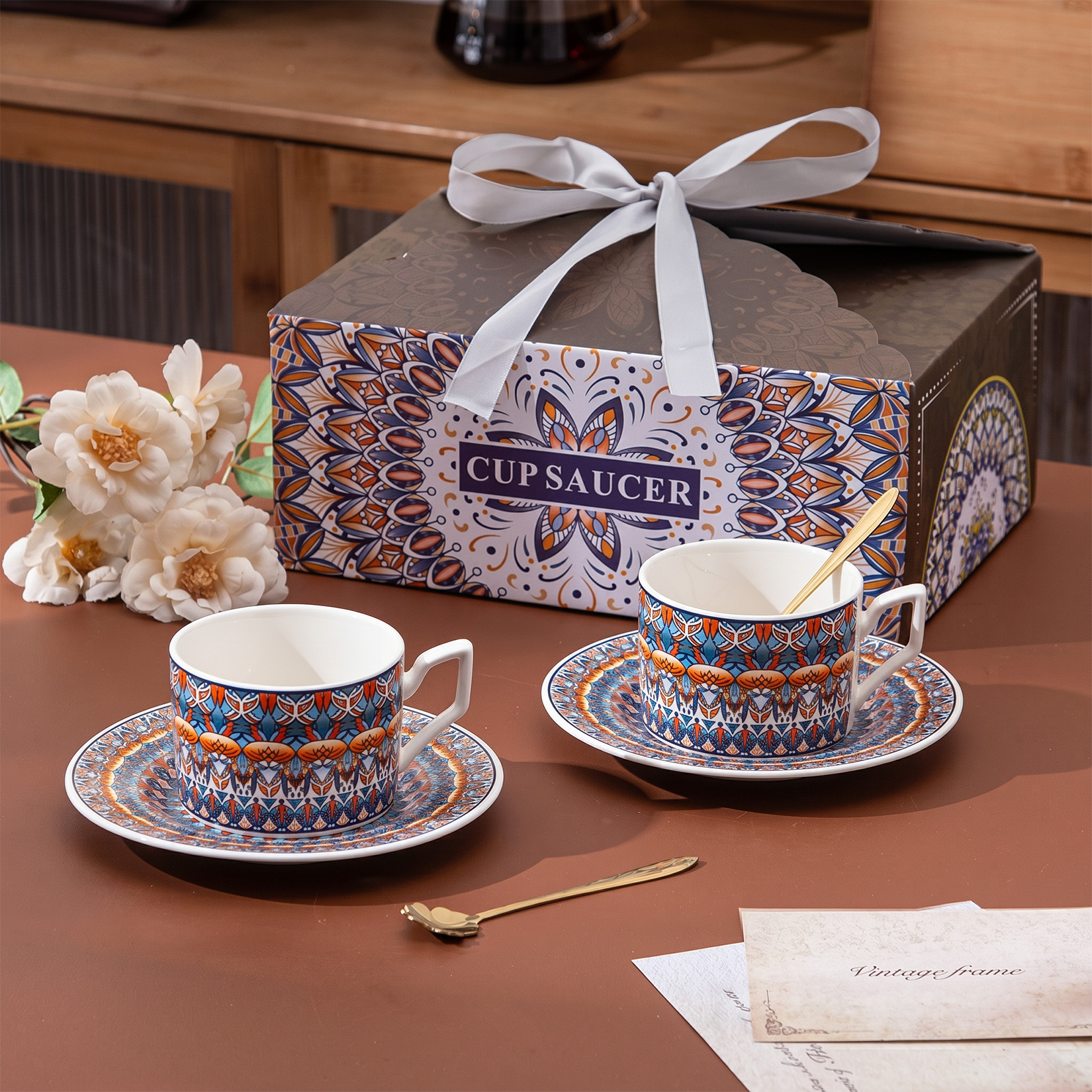 Boho Ceramic Coffee Cup & Saucer Set 10oz with Spoon – Geometric Retro Latte Mug