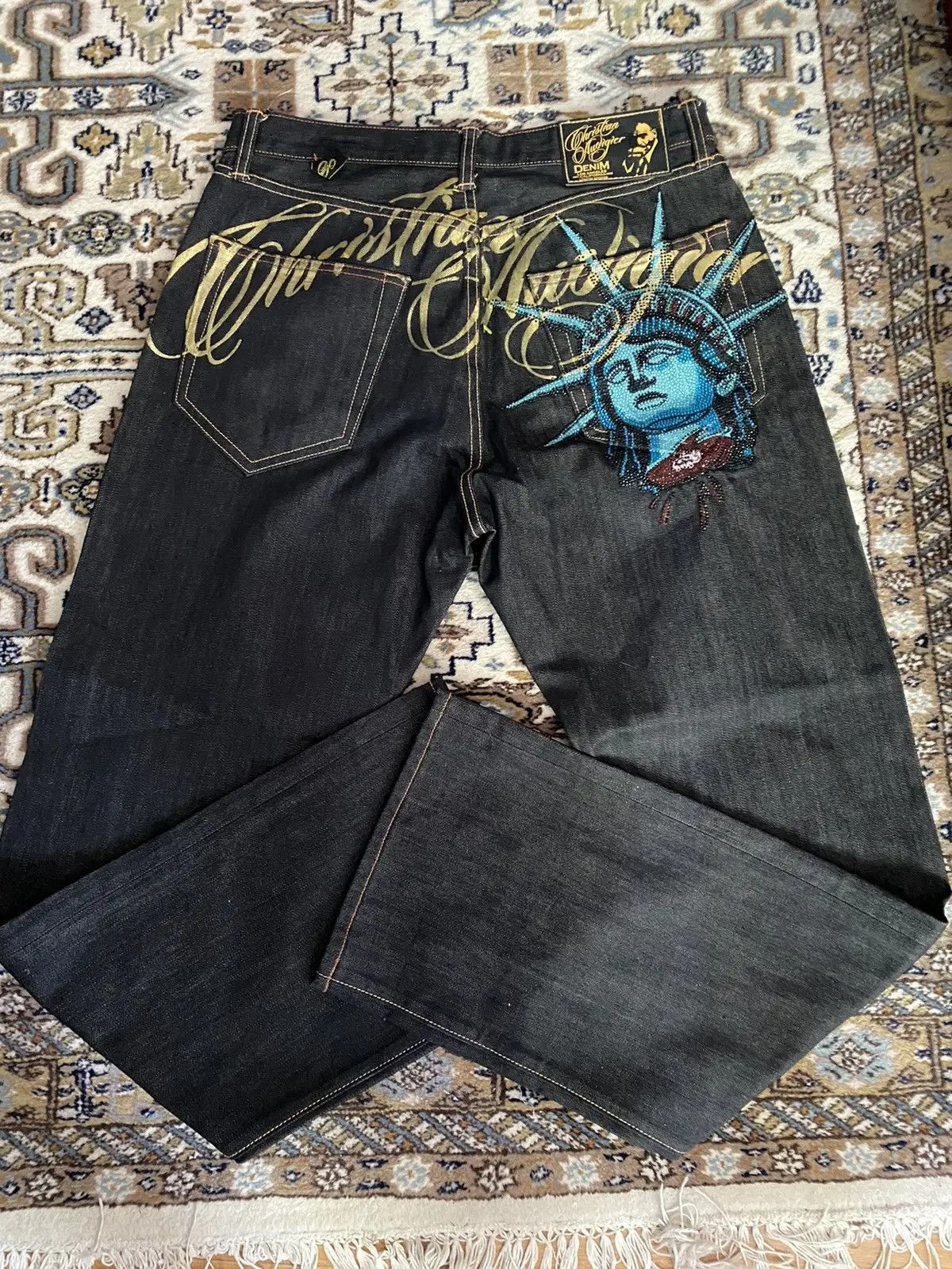 Y2K Vintage Statue of Liberty Diamond Jeans Women High Waist Wide Leg Loose Fit Denim Pants